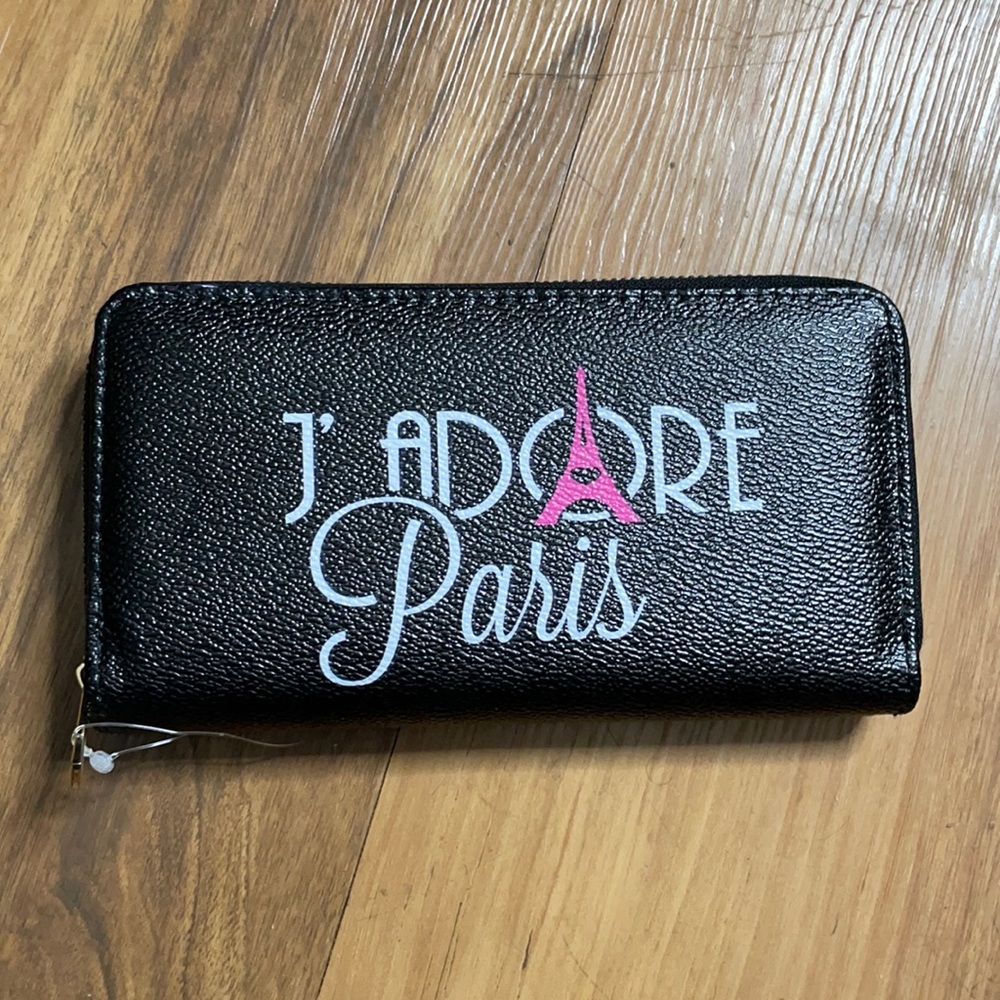 J’Adore Paris white black and pink zippered wallet‎
